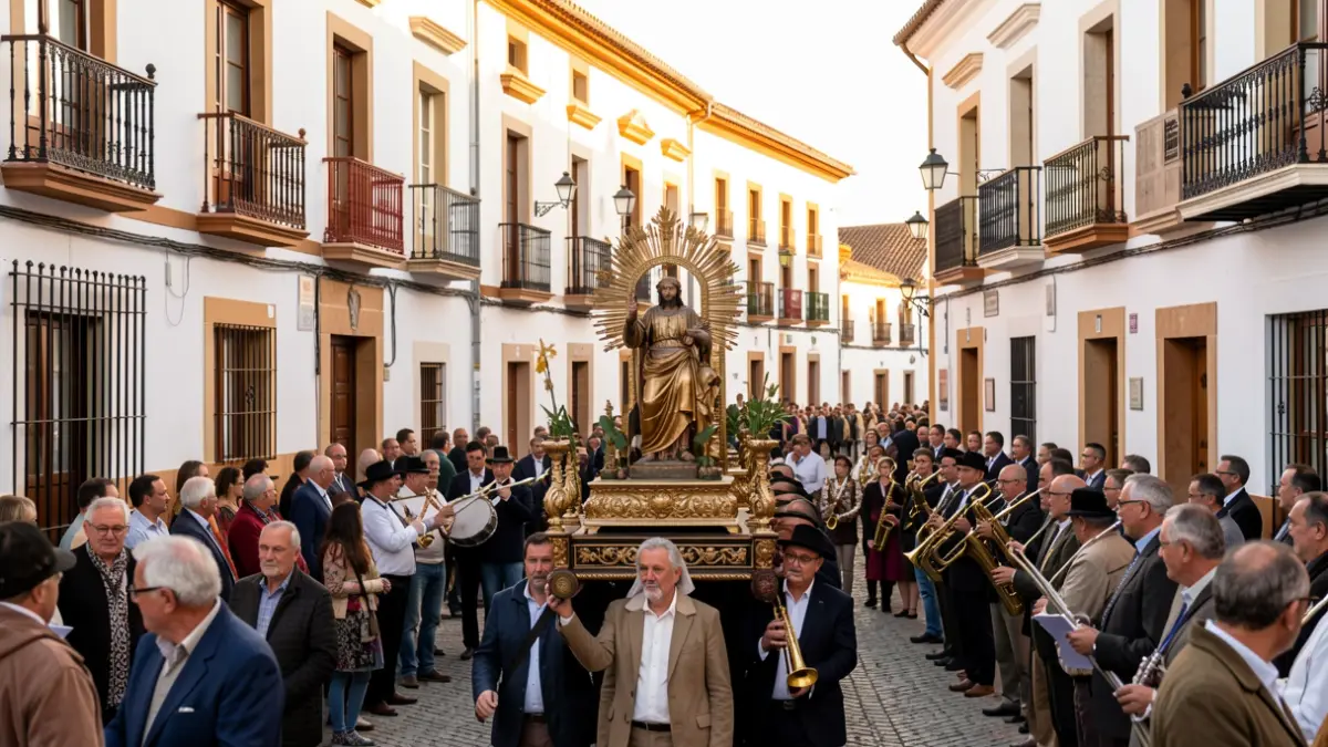 Procesión religiosa en una plaza andaluza con la imagen de María Auxiliadora.