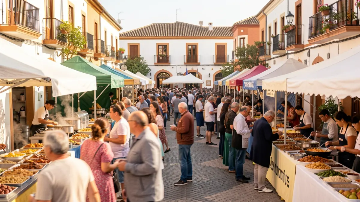 Generic image of a food fair in Algeciras with people enjoying food and cooking demonstrations.