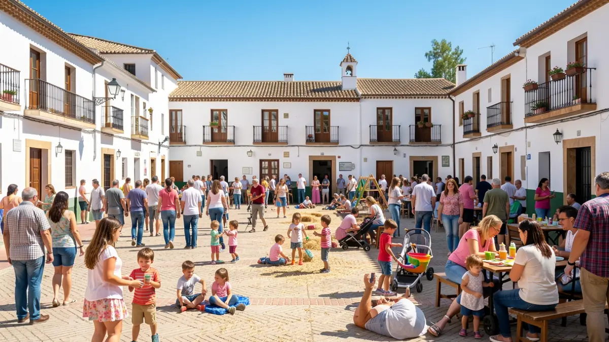 Imagen genérica de una plaza de pueblo andaluz llena de familias y niños celebrando el Día de las Familias.