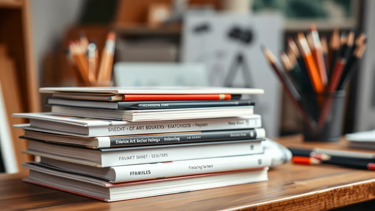 Generic image of art books and supplies on a desk.