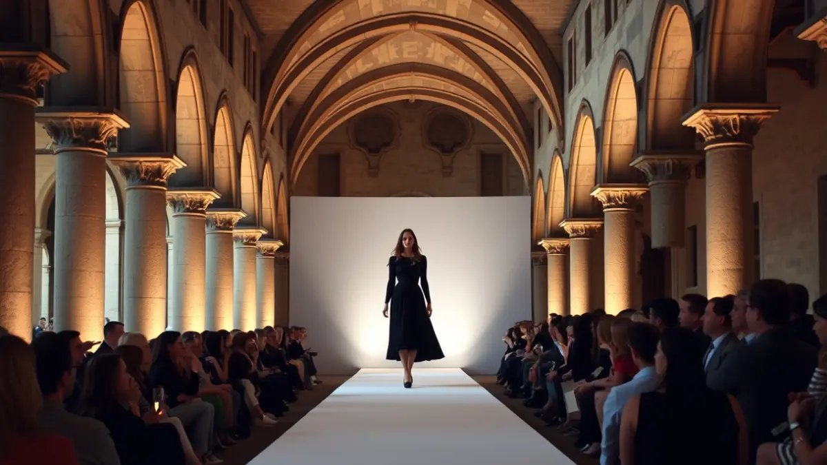 Pasarela de moda flamenca en el claustro de una catedral histórica.