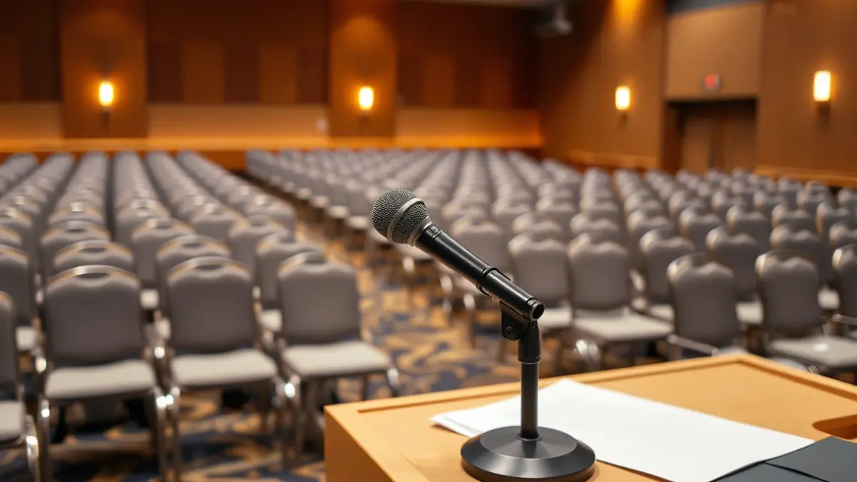 Generic image of a microphone on a podium in a conference room.