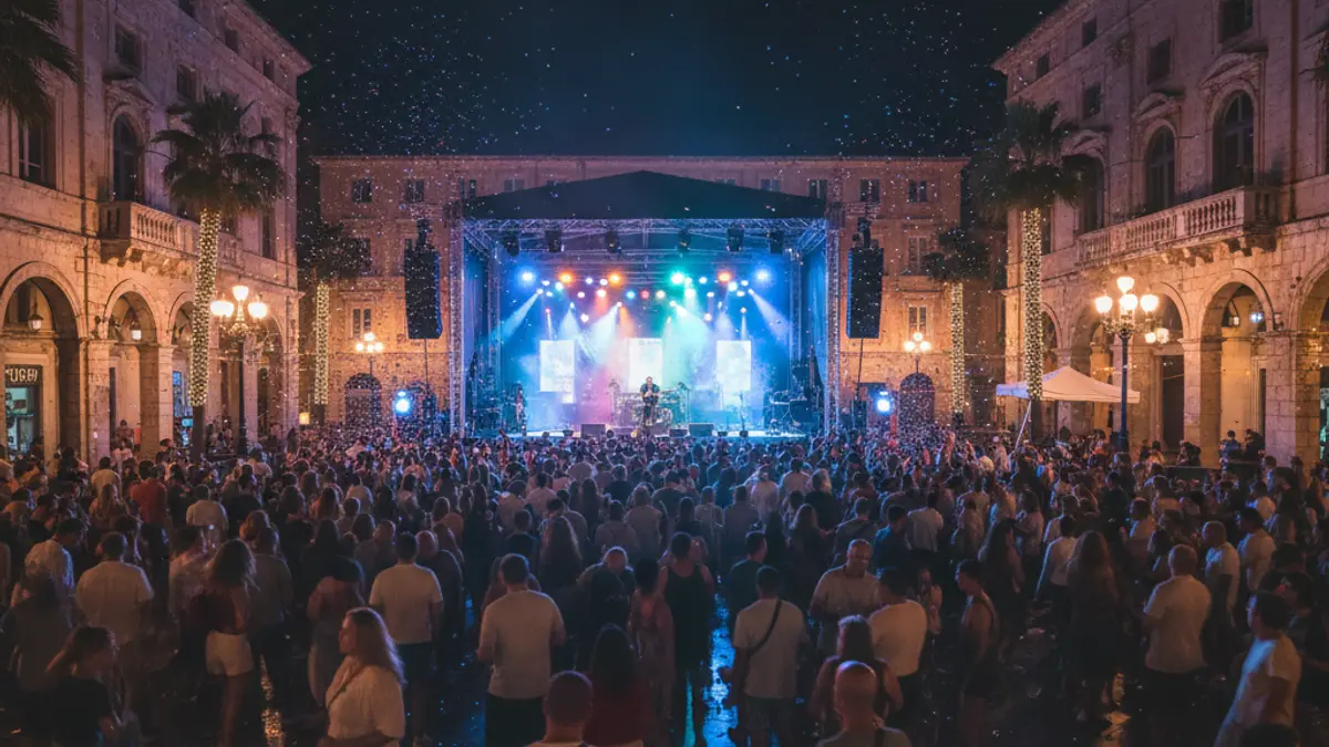 Imagen genérica de un festival de música al aire libre en una plaza mediterránea por la noche.