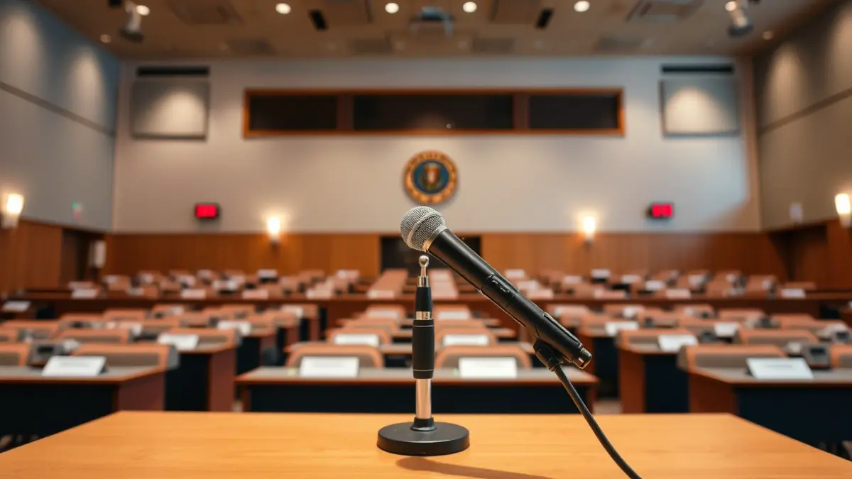 Generic image of a microphone on a podium, symbolizing a political debate.
