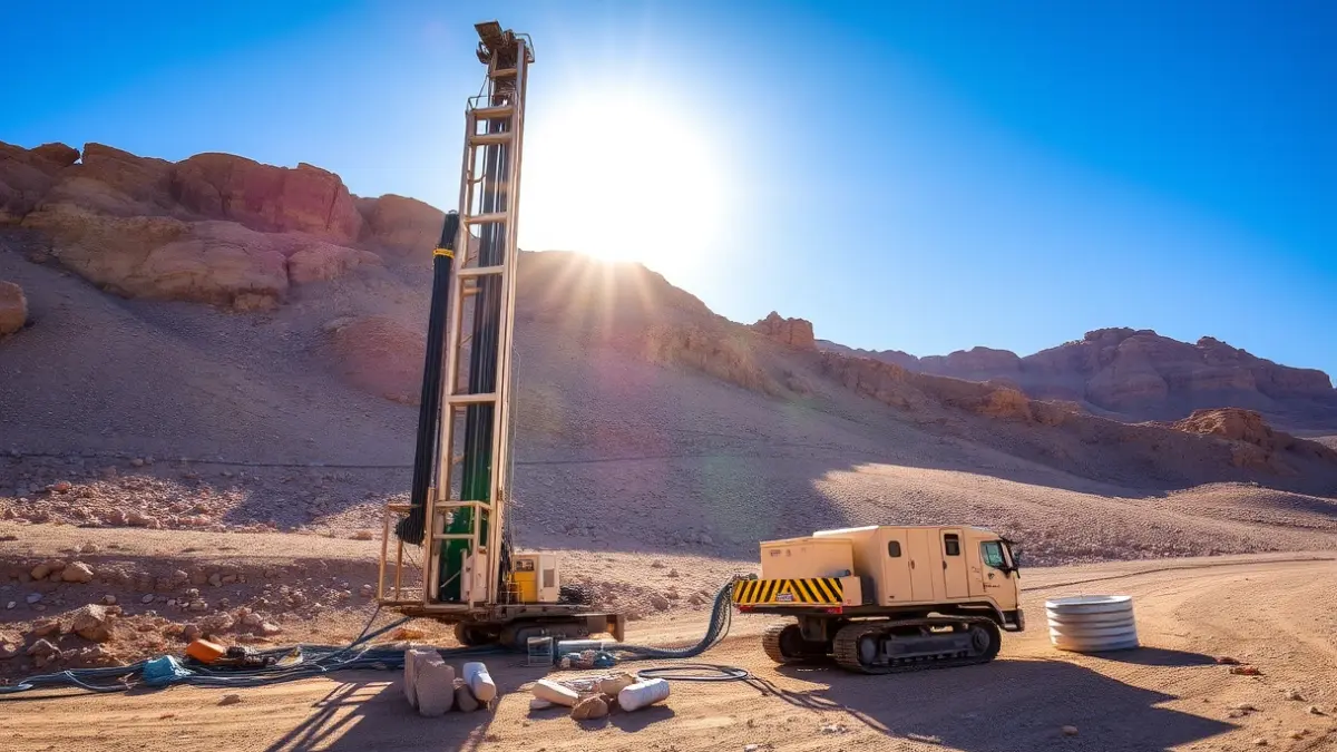 Image of a geological drilling rig in an arid landscape under the sun.