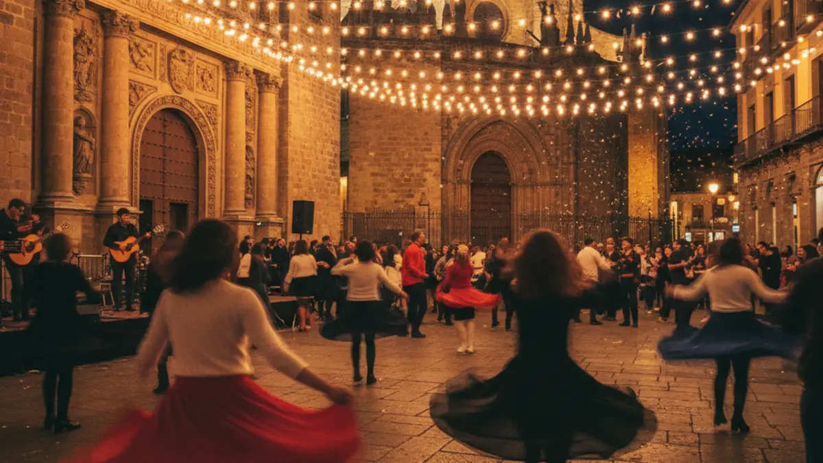 Image of a night street party in a historic square with music and people dancing.