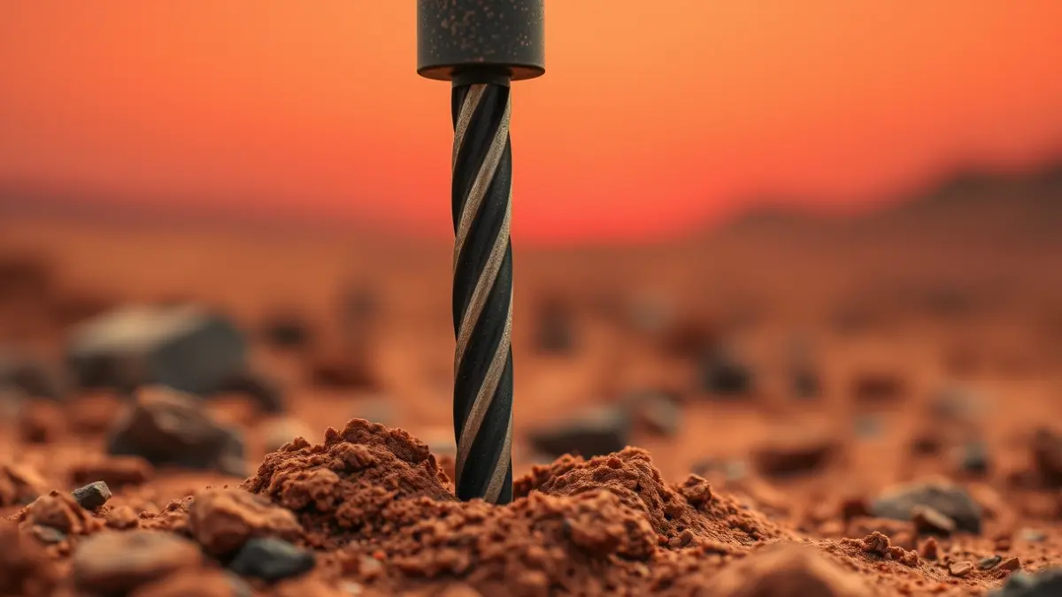 Image of a geological drill penetrating red soil, with a Martian landscape in the background.