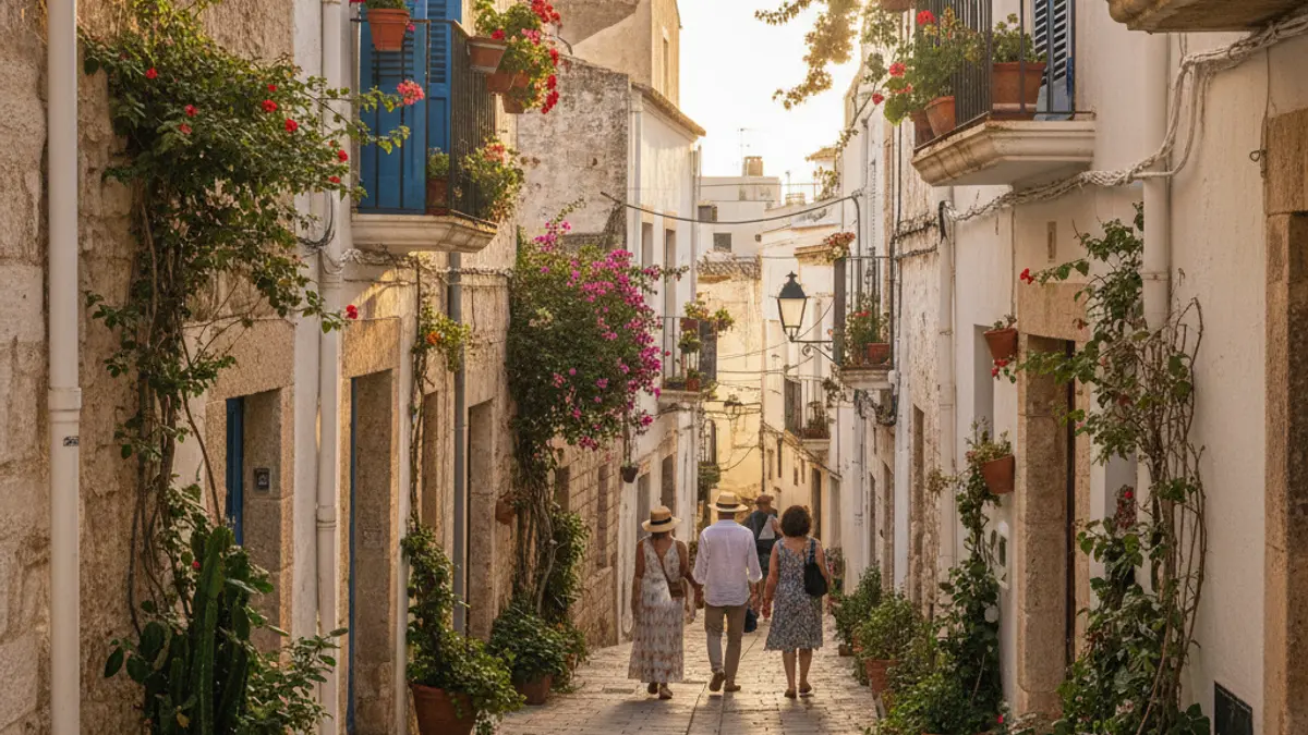 Image of a narrow street in the historic center of a Mediterranean city, with white buildings and plants.
