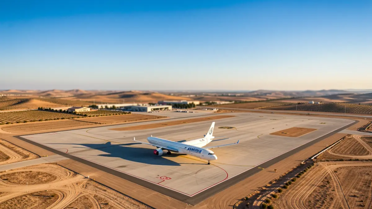 Vista aérea del Aeropuerto de Almería con un avión comercial en la pista, rodeado por el paisaje árido andaluz bajo un cielo azul.