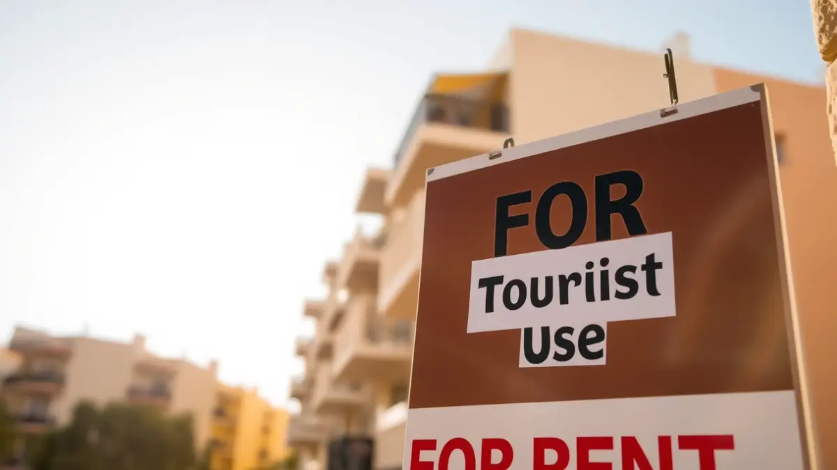For Rent sign with 'Tourist Use' crossed out, blurred apartment buildings in background.