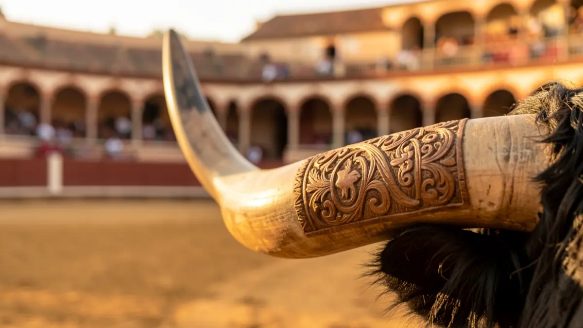 Detalle de un cuerno de toro con grabados en la plaza de toros de Almería.
