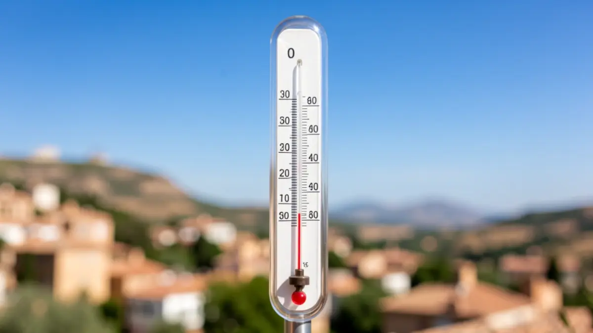 Termómetro marcando una temperatura muy alta con cielo azul y paisaje de Andalucía al fondo.