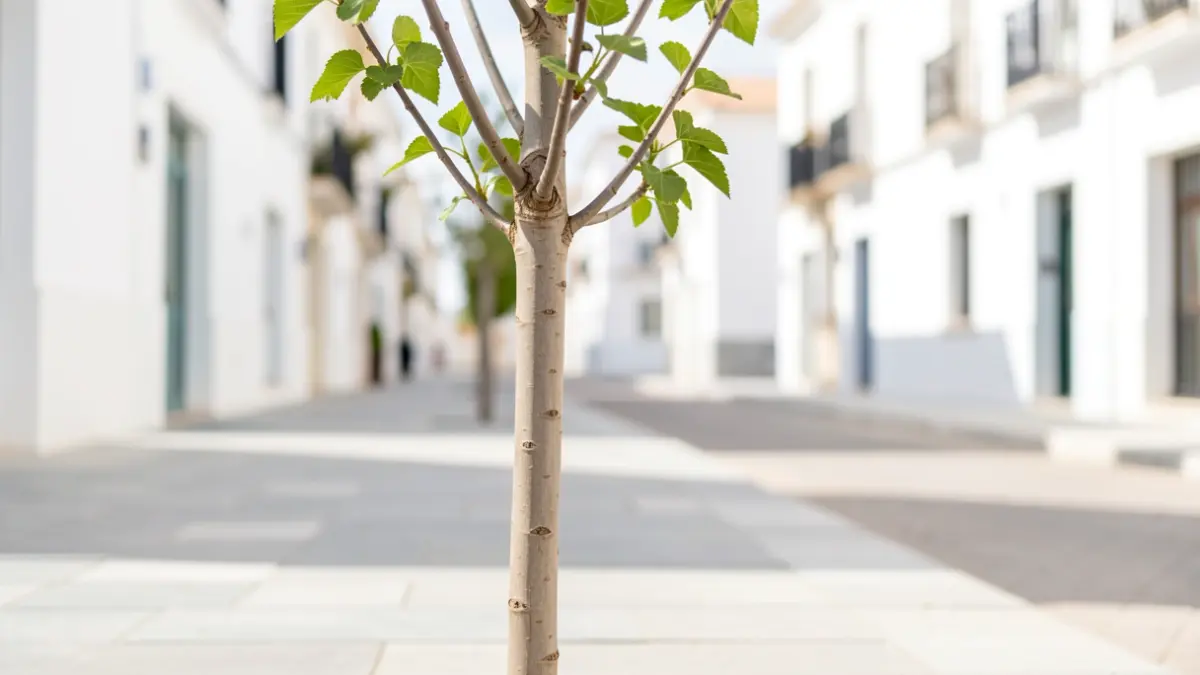Image of a young, fruitless mulberry tree planted on a clean sidewalk in Almería.