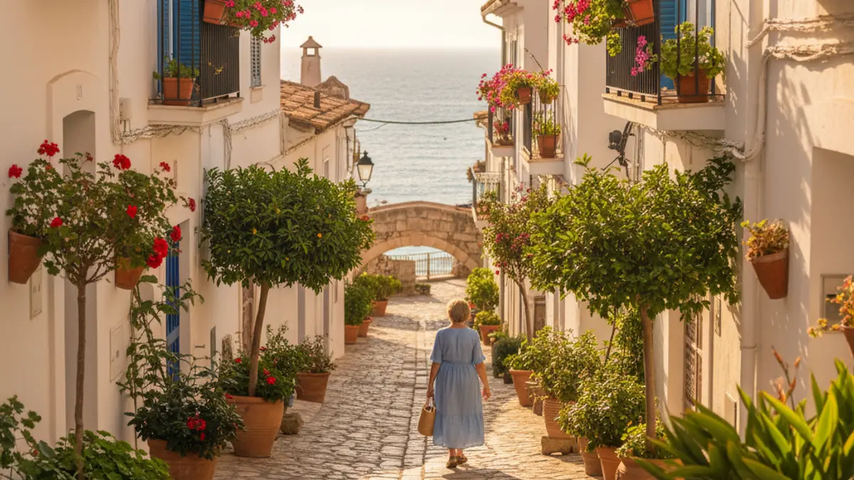Image of a narrow, picturesque street in the old town of a Mediterranean city.