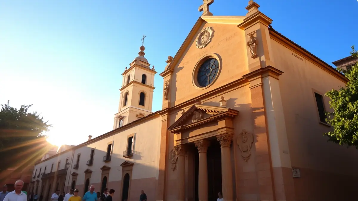 Image of an Andalusian church facade, with ornate details and warm sunlight.