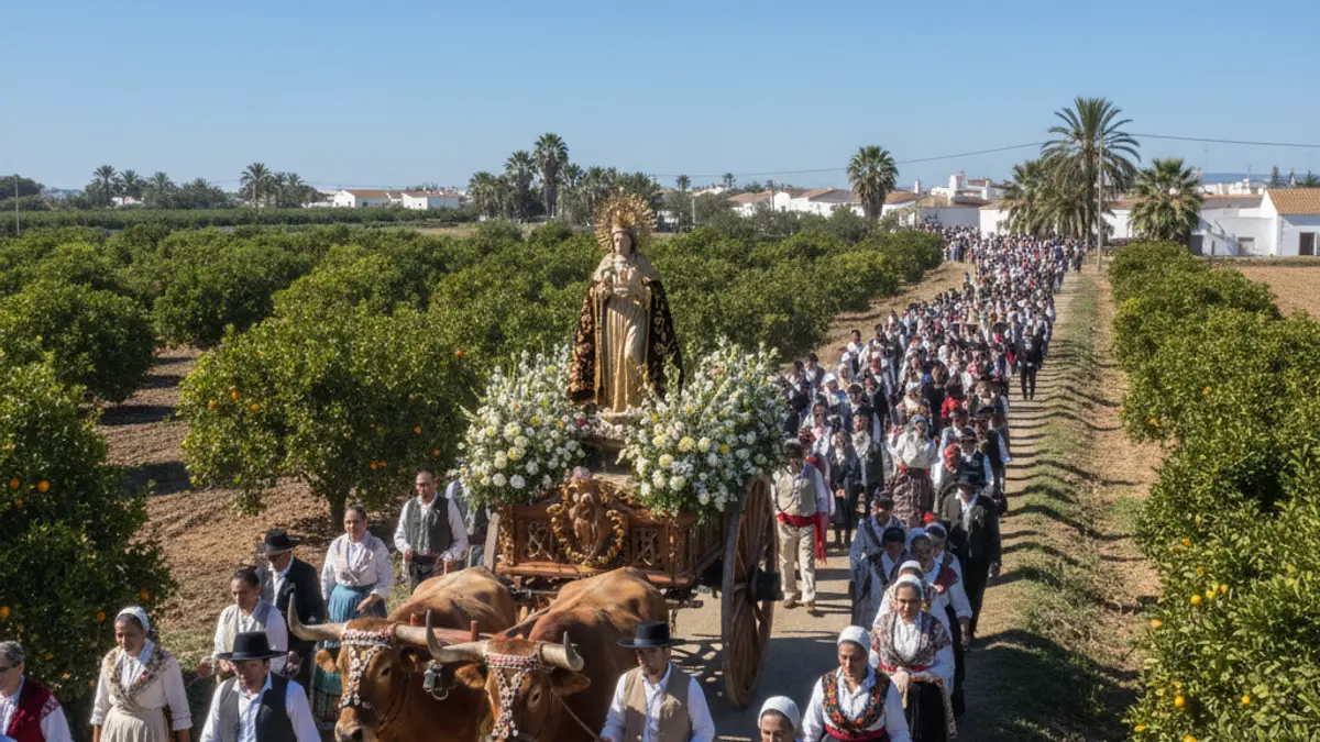 Imagen de la Romería de San Isidro en Almuñécar, con la imagen del santo en un carro tirado por bueyes.