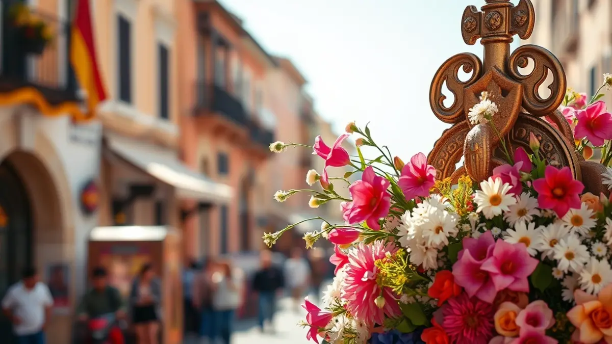 Imagen de una Cruz de Mayo decorada con flores en una calle andaluza.