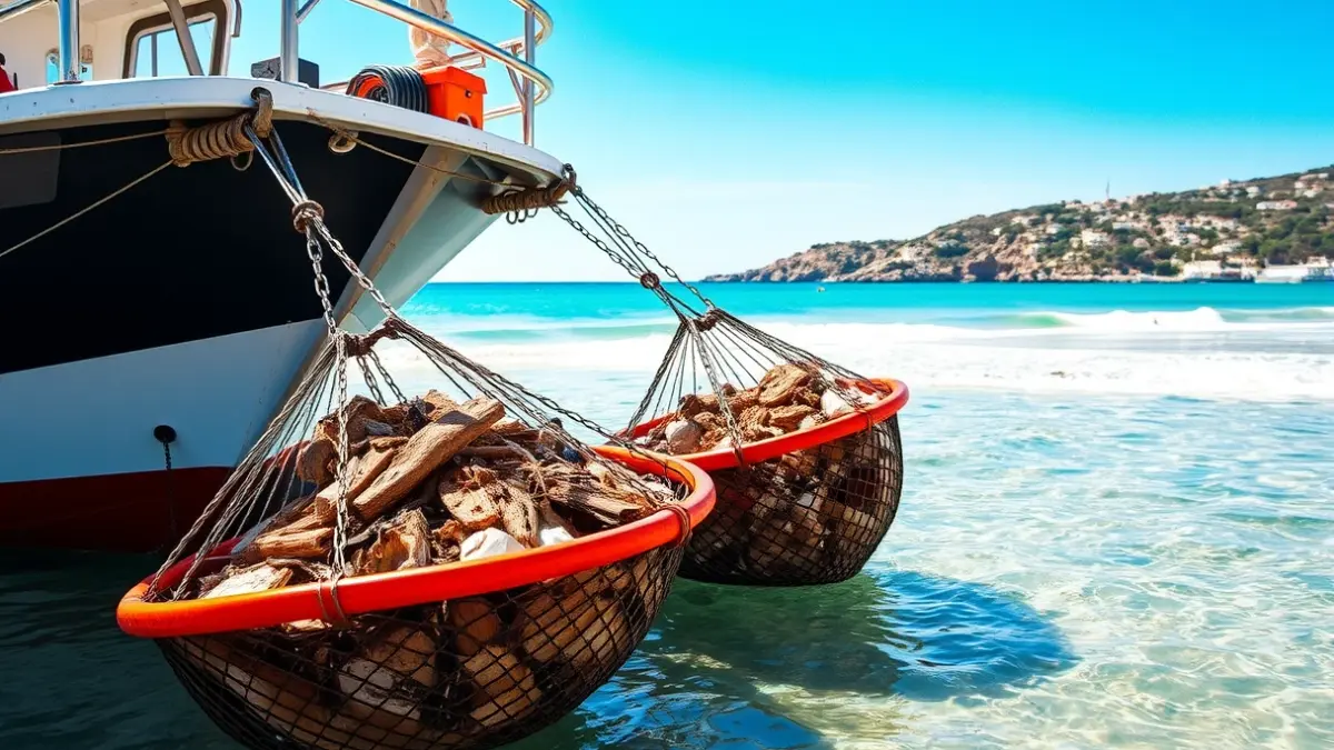 Image of a marine cleaning vessel collecting waste on the Almuñécar coast.