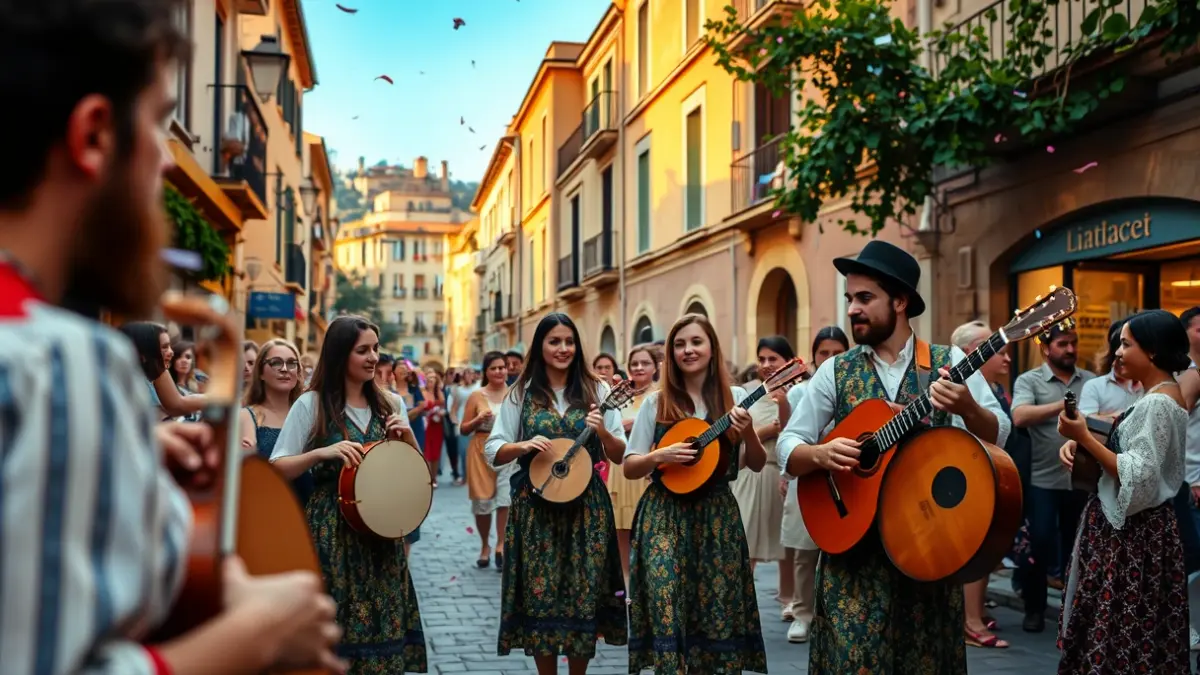 Imagen de tunos tocando instrumentos en una calle festiva de Almuñécar.
