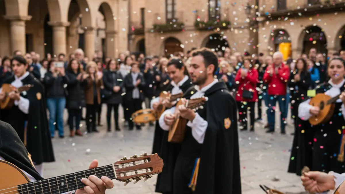 Imagen de tunos tocando instrumentos en una calle festiva de Almuñécar.