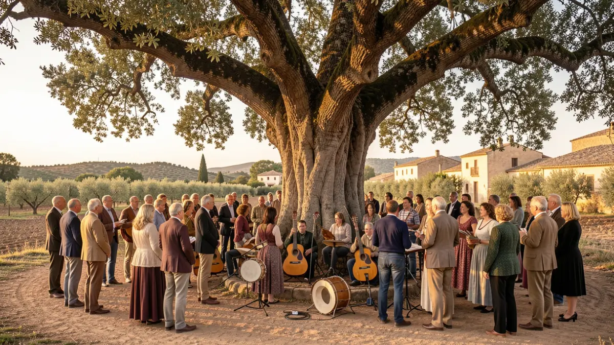 Generic image of a traditional Andalusian pilgrimage under an oak tree.