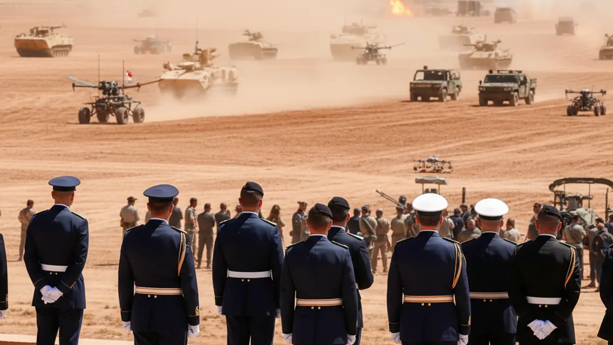 Military officers observing a tactical demonstration at a military base in Almería.