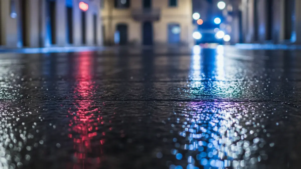 Generic image of police emergency lights reflecting on wet asphalt.