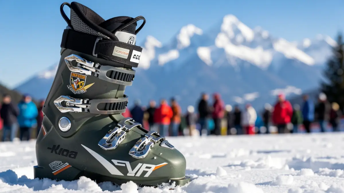 Primer plano de una bota de esquí sobre la nieve, con las montañas de Sierra Nevada desenfocadas al fondo.