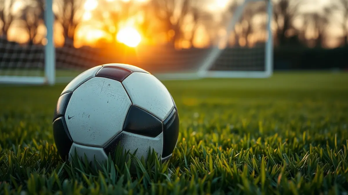 Imagen genérica de un balón de fútbol sobre el césped, con la portería desenfocada al fondo.