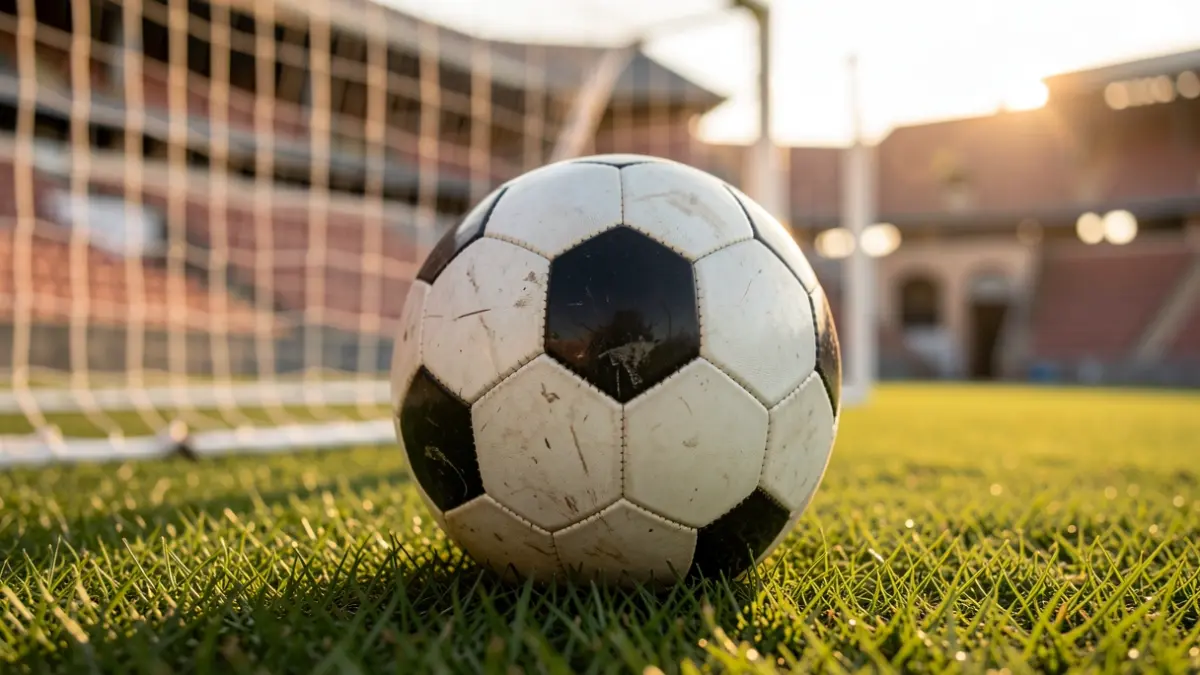 Imagen genérica de un balón de fútbol sobre césped con una portería desenfocada al fondo.