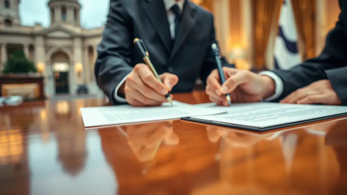 Generic image of hands signing official documents in an institutional setting.