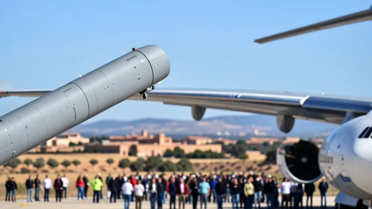 Primer plano del brazo de repostaje de un avión cisterna Airbus A330 MRTT con un paisaje andaluz desenfocado al fondo.