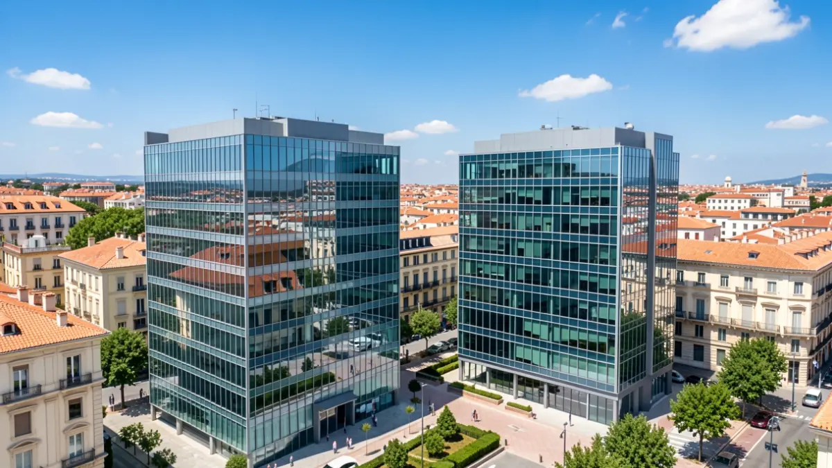 Generic image of modern office buildings in a sunny Mediterranean city, symbolizing technological growth.