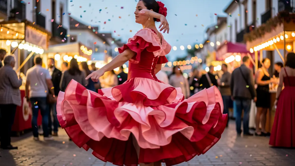 Falda de un traje de flamenca con volantes rosas y rojos en movimiento en una feria andaluza.