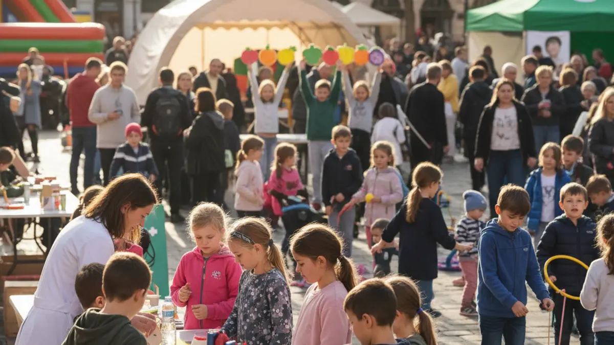 Image of schoolchildren participating in interactive workshops at a health fair.