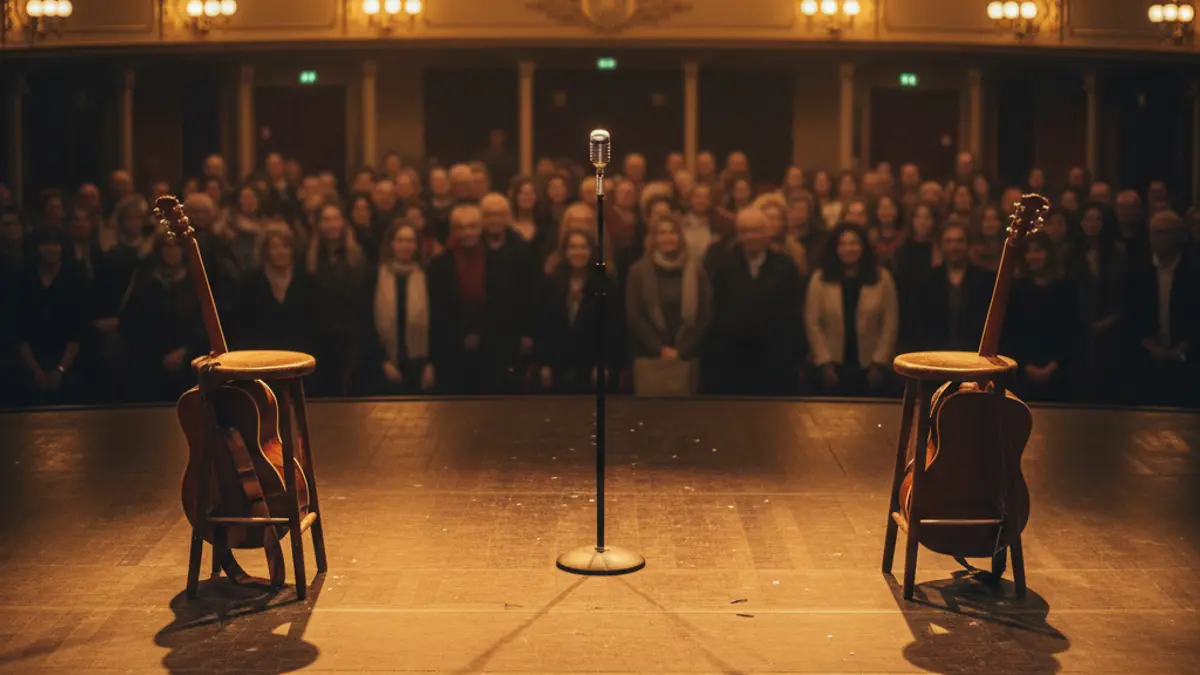 Imagen de un escenario con dos taburetes y guitarras, evocando el final de una actuación musical.
