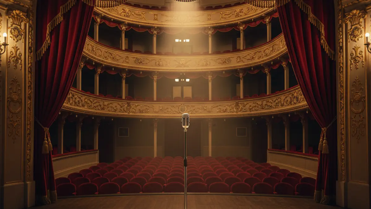 Escenario de un teatro histórico con cortinas de terciopelo rojo y un micrófono solitario.