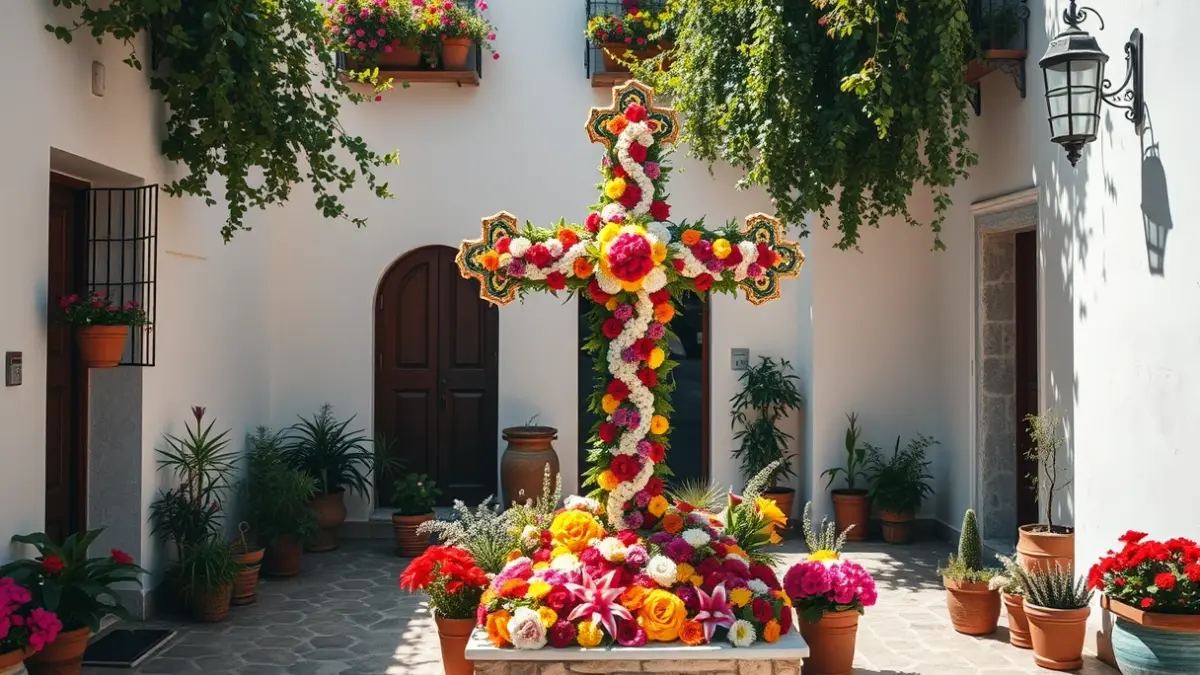 Imagen de una cruz floral decorada en un patio andaluz durante las Cruces de Mayo.