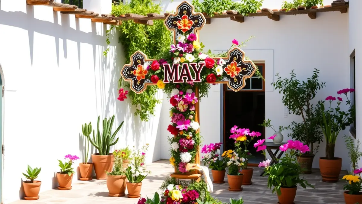 Imagen de una Cruz de Mayo ganadora en Córdoba, decorada con flores y elementos tradicionales.