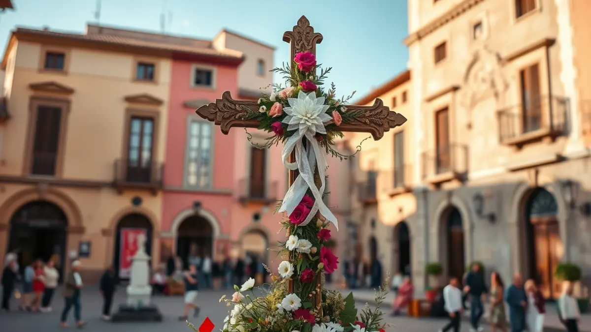 Imagen de una cruz decorada con flores en un concurso municipal.