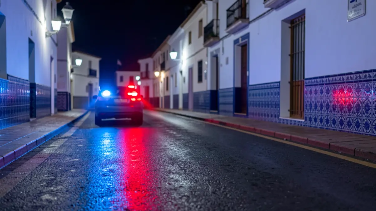 Generic image of police emergency lights reflecting on wet asphalt at night.
