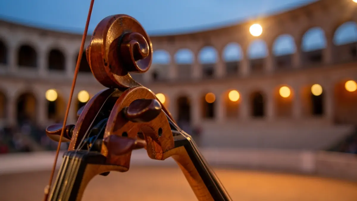 Primer plano de un violín en la Plaza de Toros de Granada al atardecer.
