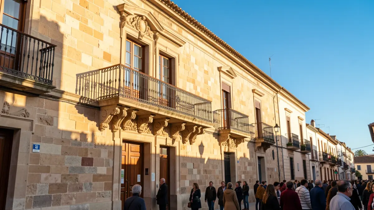 Facade of an Andalusian town hall with a balcony and iron railings, warm afternoon light.
