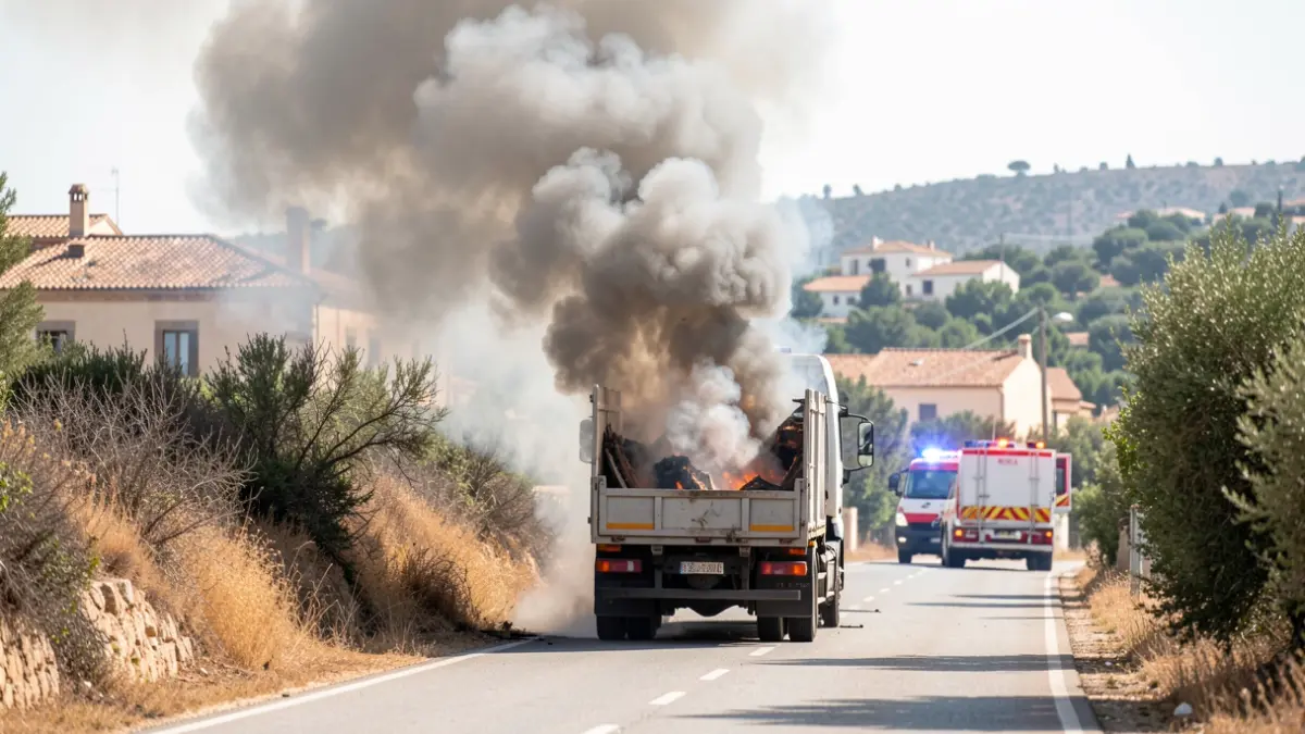 Image of a burning truck in Aguadulce, generating a large smoke column.