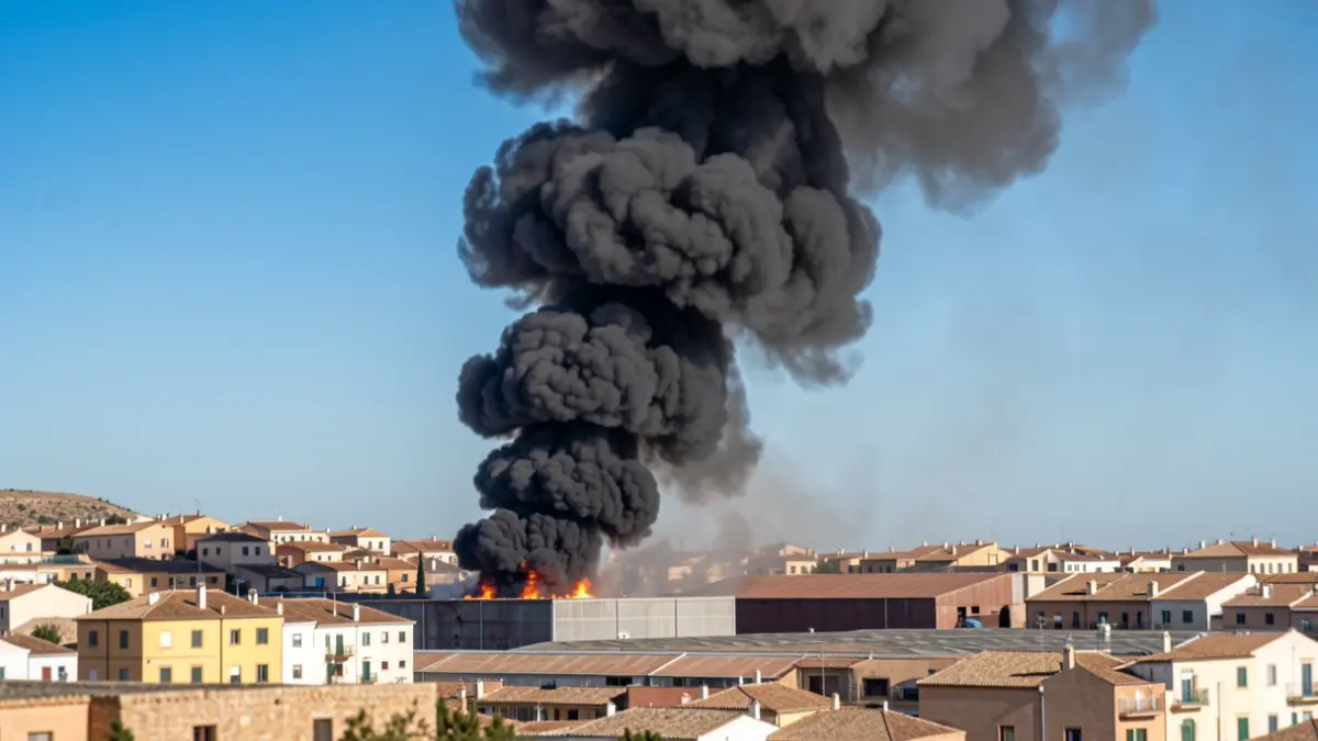 Imagen de una densa columna de humo negro saliendo de una nave industrial en el Polígono Juncaril, Peligros.