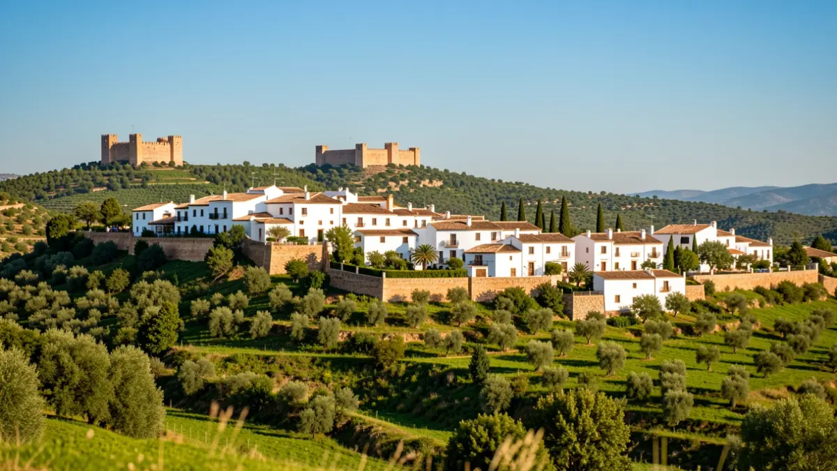 Imagen genérica de un pueblo blanco andaluz con castillo medieval.