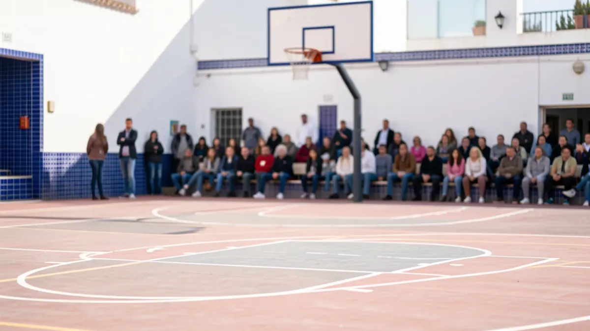 Generic image of a basketball court in Andalucía with local architectural details.