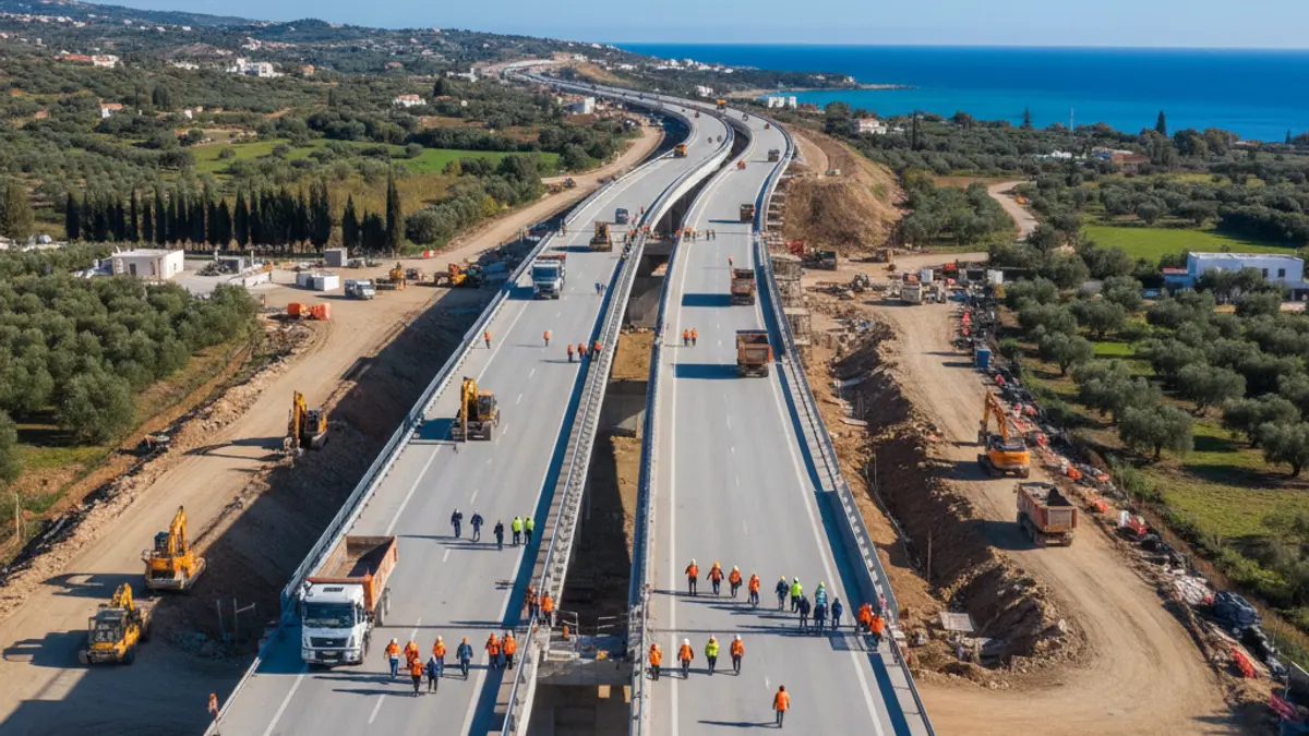 Image of a road under construction with heavy machinery and workers.
