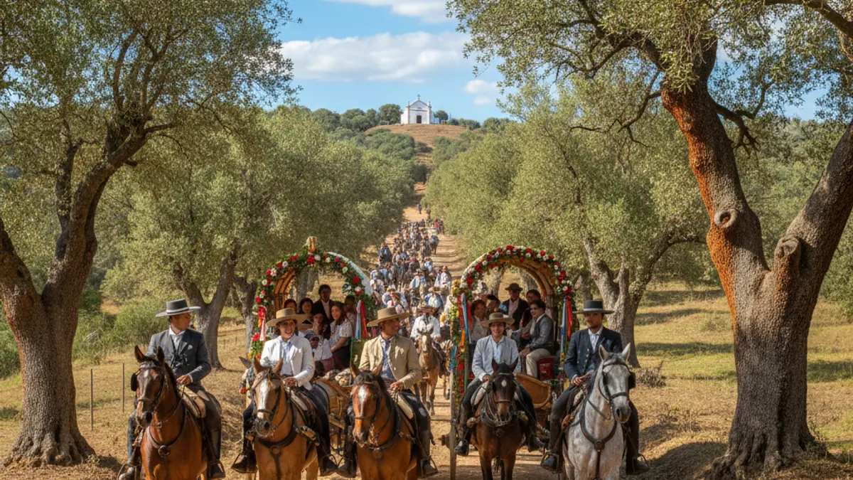 Imagen de una romería tradicional con caballos y carretas decoradas en un camino rural.