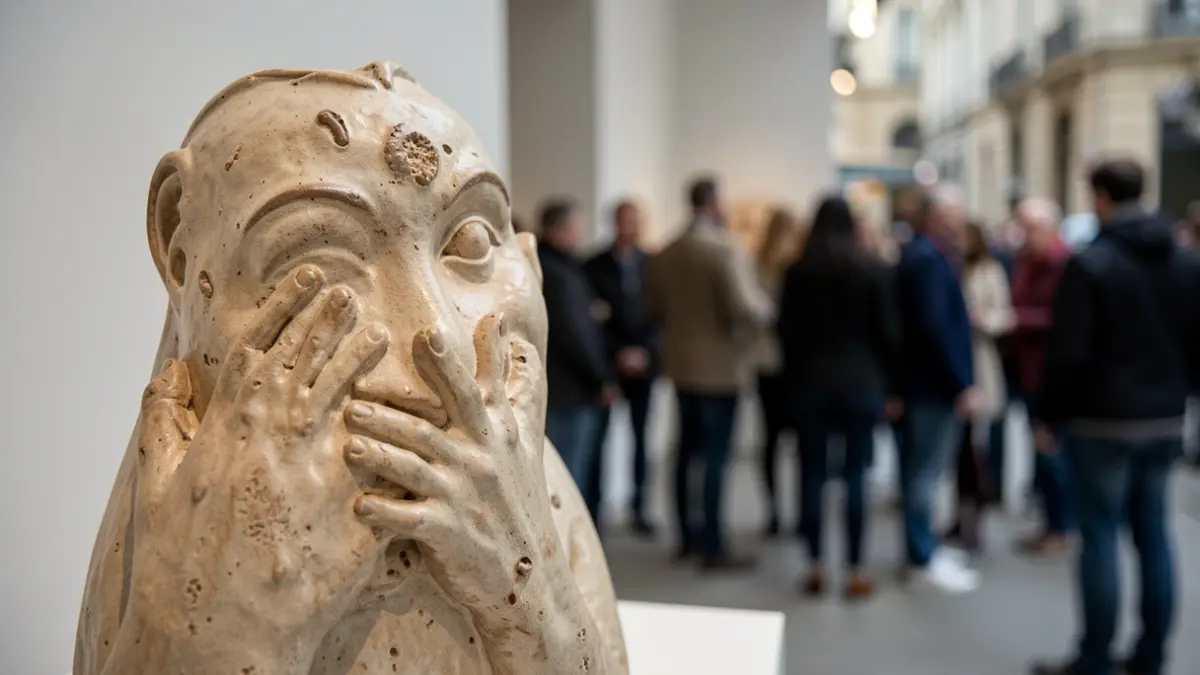 Close-up of a ceramic sculpture with tactile elements, suggesting a connection between art and touch.